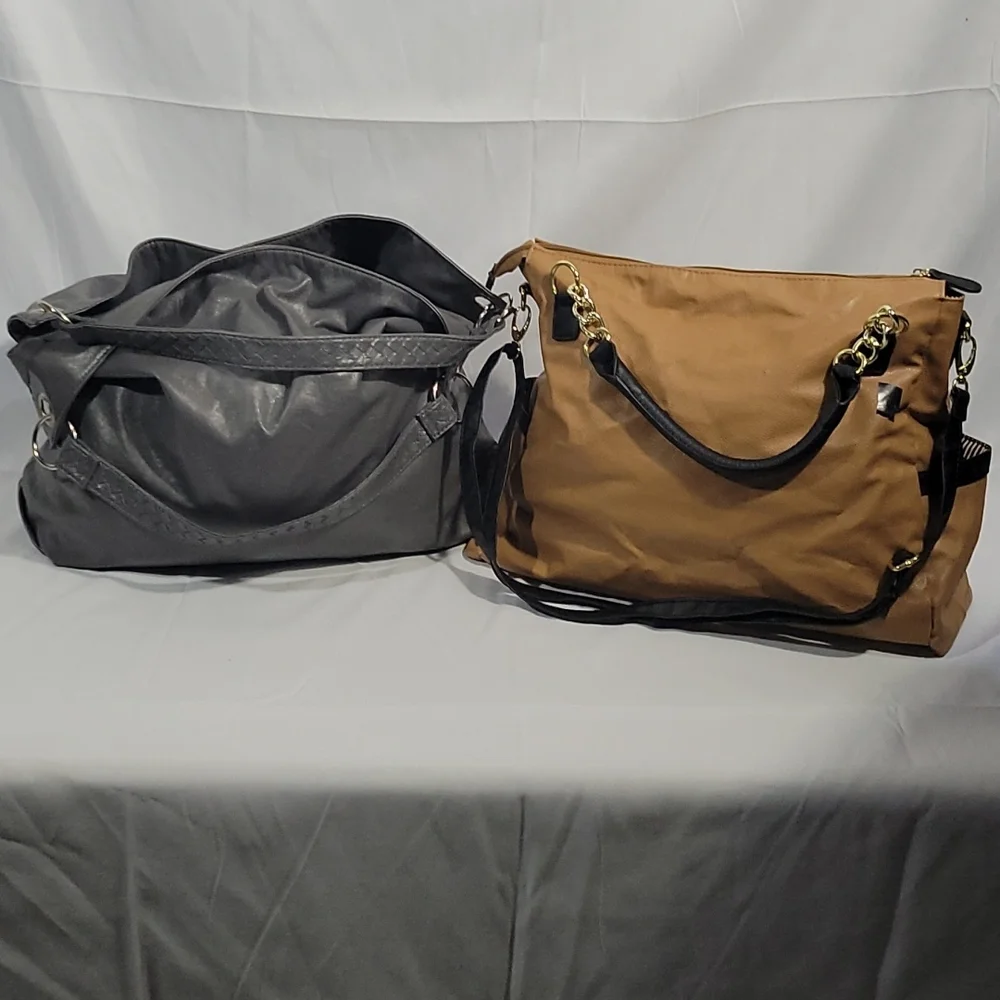 2 Large Hobo Style Bags Grey and Tan Faux Leather (Unbranded) - Picture 1 of 7